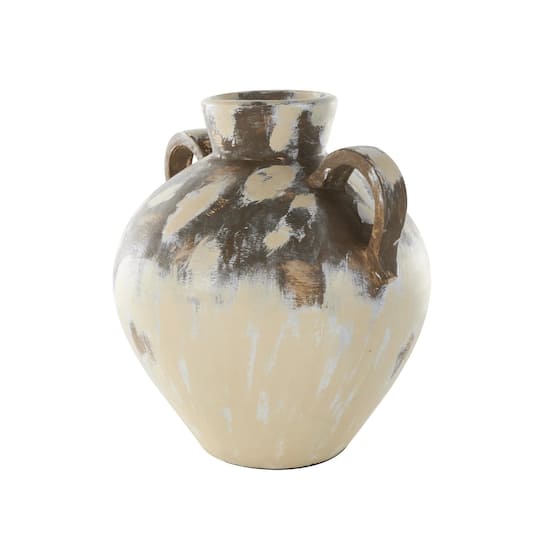 16" Cream Ceramic Antique Style Pot Vase with Arched Handles